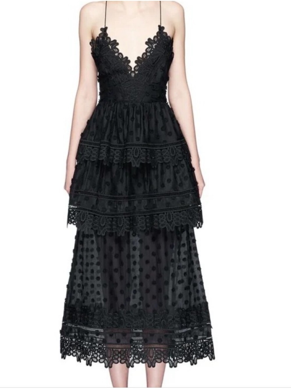 Self-Portrait Ivy Black Lace Tiered Maxi Dress with Polka Dot Mesh US 6 - Picture 8 of 8